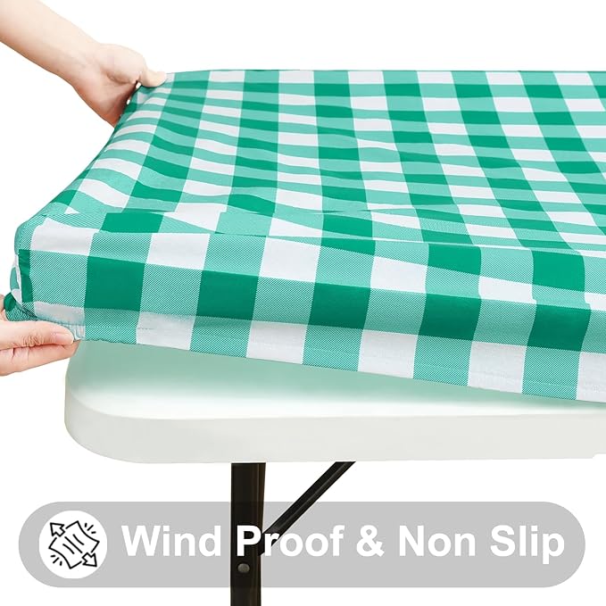 Smiry Rectangle Picnic Table Cloth, Elastic Waterproof Fitted Vinyl Tablecloths, Flannel Backed Buffalo Plaid Table Covers for Dining, Camping, Outdoor (White and Green, 36" x 60")