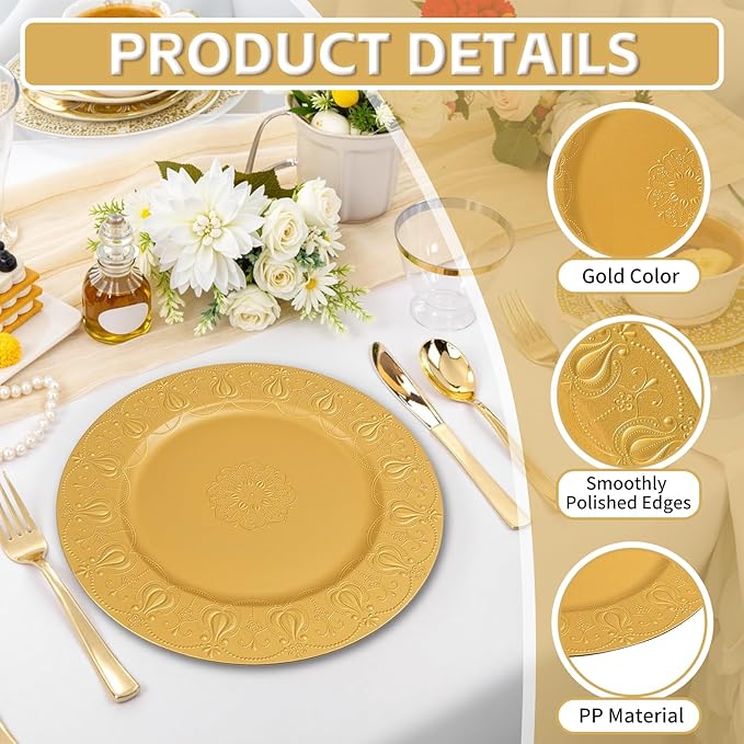 PROY 50 Pcs Gold Charger Plates Bulk, Premium Gold Round Chargers for Dinner Plates, Table Chargers for Table Setting, Wedding