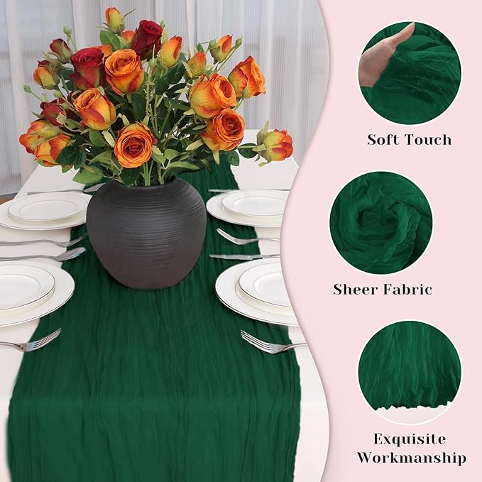 Emerald Green Table Runner, 10 Ft 120 in Cheesecloth Table Runner, Fall Table Runners for Wedding, Party,Bridal Shower, Boho Table Runners for Christmas