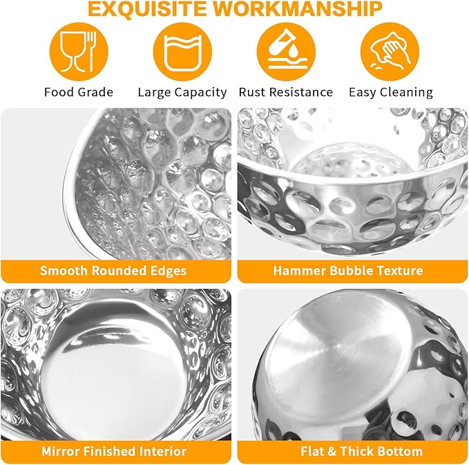 5 Pack Stainless Steel Mixing Bowls Set, Hammered Silver Finish, Nesting Design Metal Salad Bowls Set, 1.6-4.9 QT Capacity, Dishwasher Safe for Cooking, Serving, Food Containers Meal Prep Kit, No Lid