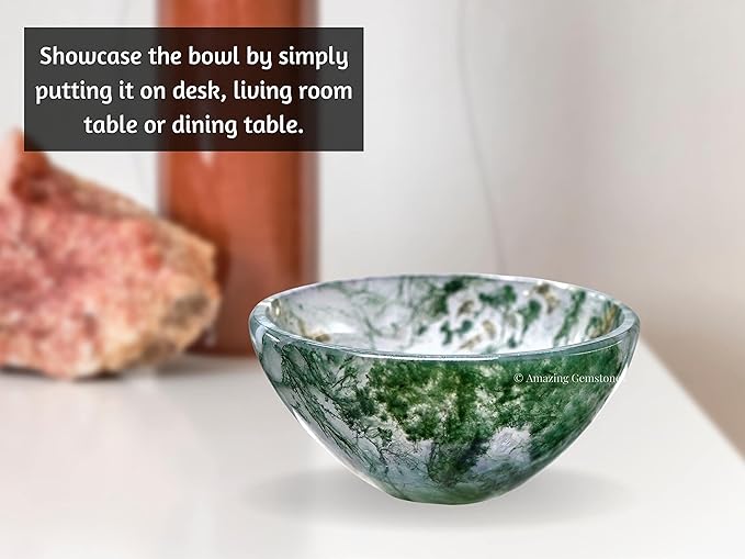 Moss Agate Crystal Bowl - 2 Inch Decorative Bowls for Room and Home Decor - Gemstone Healing Crystals for Elegant Display, Positive Energy Balance and Gift