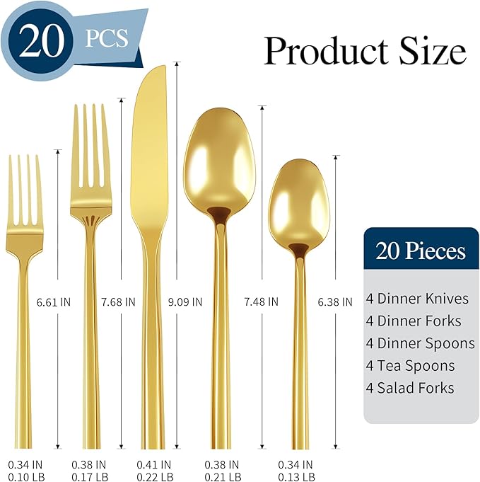 Silverware Set 20-Piece Stainless Steel Mirror Polishing Gold Cutlery, Hand Forged Thick Hexagon Handle Flatware Sets, Service for 4