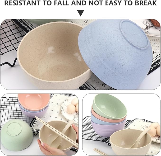 4 Pcs Large Capacity Wheat Straw Salad Mixing Bowls Food Serving Bowls for Fruit Noodles and Salads Lightweight Smooth Finish Heat-resistant and Easy to Clean Random Color