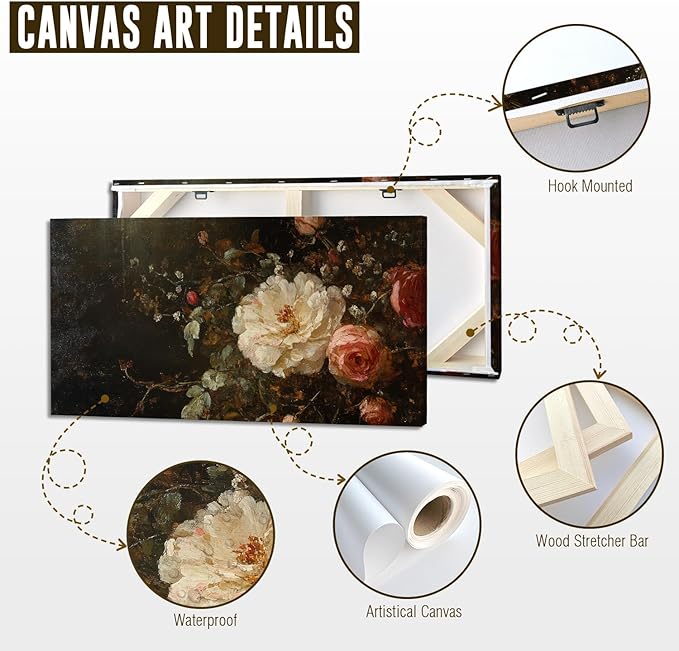 ADJUVANT Wall Art Vintage Peony And Rose Bouquet 40"L x 20"W, White Peony With Pink Roses Canvas Painting Elegant Floral Artwork Prints Botanic Wall Decor for Living Room Bedroom Dining Room Home Office