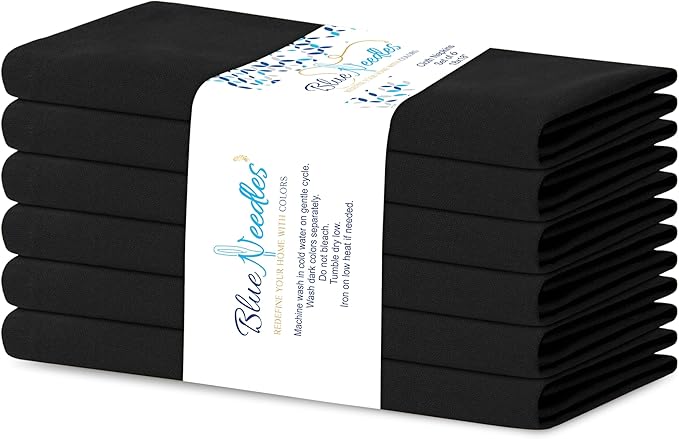 Blue Needles Solid Cloth Napkins Set of 6 Black 100% Cotton Dinner Napkins 18x18 inches - Soft, Reusable, Absorbent & Washable Linen, Ideal for Christmas Events, Parties & Everyday Use