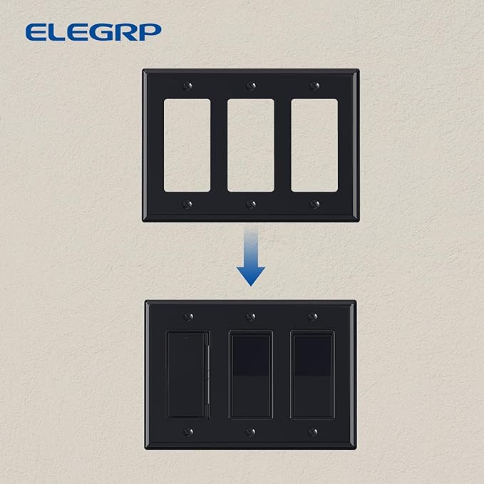 ELEGRP 3-Gang Decorative Wall Plates, Standard Size 4.53" H x 6.39" L Unbreakable Thermoplastic Faceplate Cover for Decorator Receptacle Outlet Switch, UL Listed (2 Pack, Glossy Black)