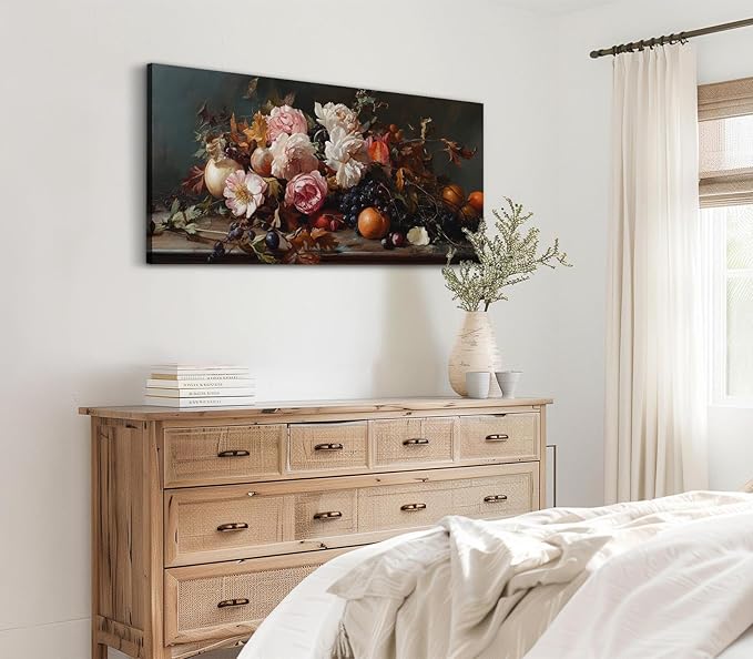 ADJUVANT Wall Art Vintage Floral And Fruit 60" L x 30" W, Peonies With Grapes And Citrus Canvas Painting Prints Graceful Botanic And Fruity Wall Decor for Living Room Bedroom Dining Room Home Office