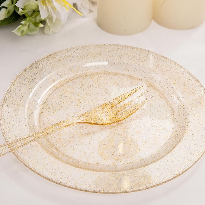 WELLIFE 60PCS Gold Glitter Dessert Plates and 60PCS Plastic Forks, 6.3 inch Disposable Dessert Plates for 60 Guests, Durable Gold Glitter Cake Plate, Perfect for Party
