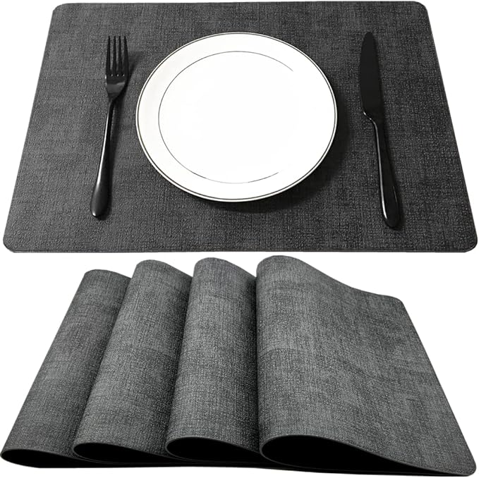 WAZAIGUR Waterproof Easy to Clean Heat Resistant Thick Faux Leather Washable Placemats Set of 4 Grey