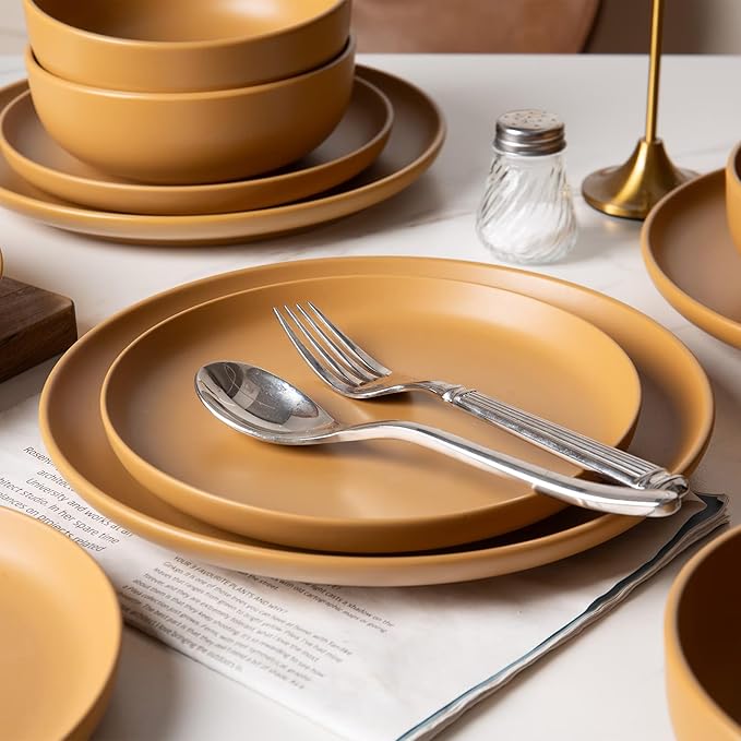 12-Piece Stoneware Dinnerware Set with Mugs | Microwave and Dishwasher Friendly | Stackable Matte Glaze Plates & Bowls | Service for 3 (Orange for 3)