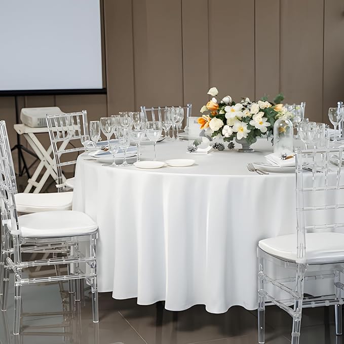 8 Pack White Round Tablecloth 108 Inch White Table Cloth Stain and Wrinkle Resistant Reusable and Washable Polyester Fabric Table Covers for Buffet Wedding Party and Banquet