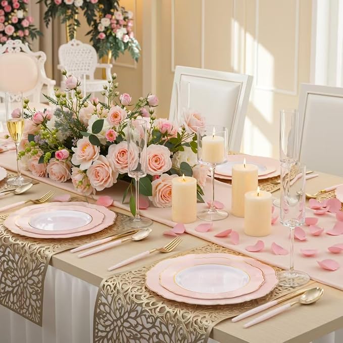 WDF 30Guest Pink Plates Disposable - Hign-end Baroque Design - Gold Plastic Silverware with Handle-Baroque Pink &Gold Plastic Dinnerware for Valentine's Day/Wedding
