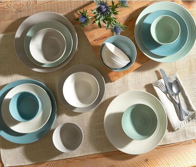 Sango Siterra Artist's Blend 16-Piece Stoneware Dinnerware Set for 4, Green, Cream & White Glossy Dishes with Speckles, Ceramic Plates and Bowls Sets for Everyday Dining, Microwave & Dishwasher Safe