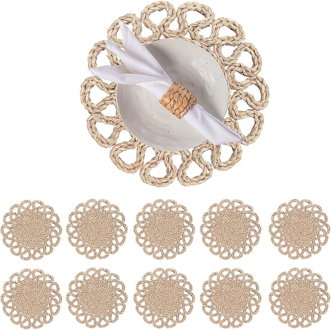 13.8" Set of 10 Round Seagrass Placemats | Boho Woven Rattan Table Mats | Farmhouse Wicker Spring Plate Chargers Like Water Hyacinth, Seagrass for Wedding, Party, Christmas, Events