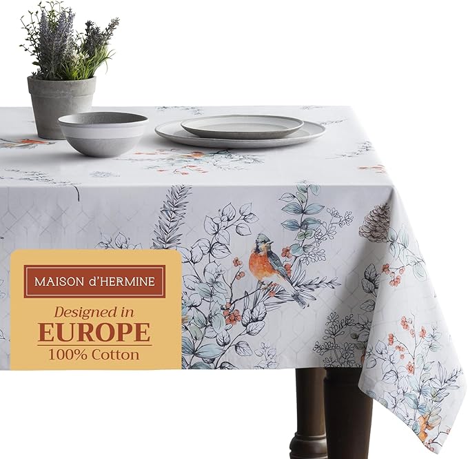 Maison d' Hermine Table Cloth Square Table 100% Cotton 54 x 54 Inches Fall Tablecloth Reusable Everyday Use for Thanksgiving Christmas Decorations Dining Farmhouse Party (Whitish Shabby Chique)