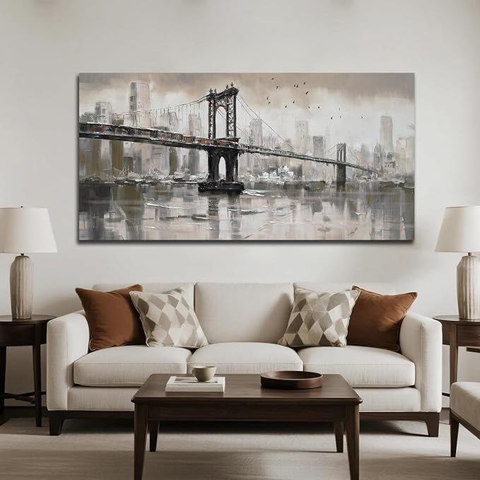 Anolyfi Vintage Brooklyn Bridge Canvas Wall Art Decor, Skylines Cityscapes Gallery Decorative Painting Large Artwork Picture for Hallway Bedroom Kitchen Office Home Decor 40"x20"