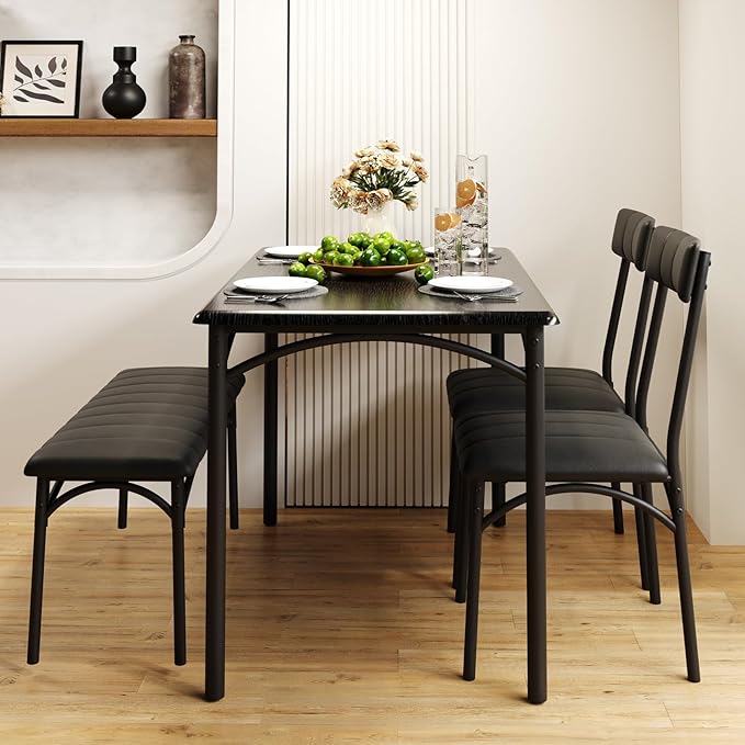 Dining Table Set for 4, Rectangular Kitchen Table and Chairs Set of 4 for Small Spaces, Modern Dining Room Table Set with Upholstered Bench and 2 Chairs, Space Saving Dining Furniture for Apartments
