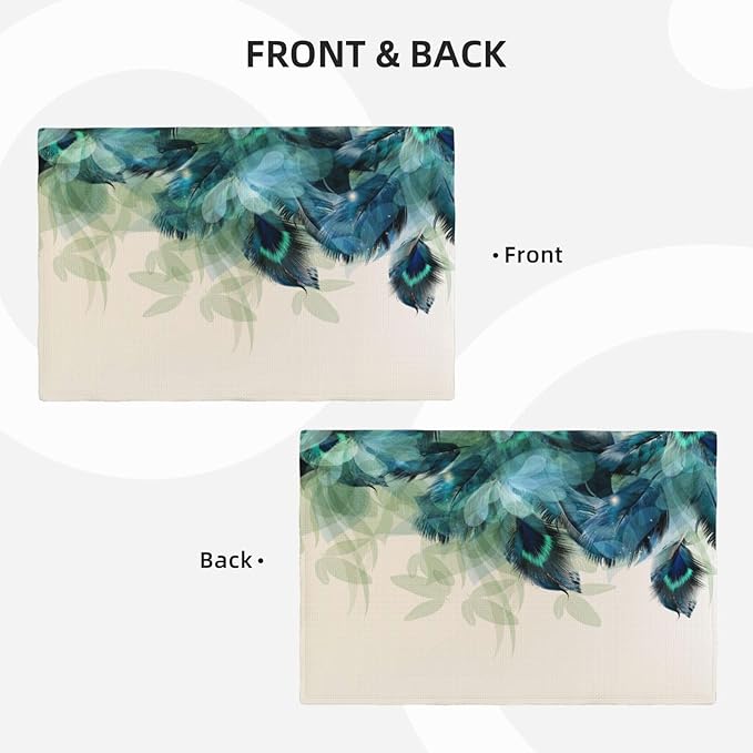 Teal Peacock Feathers Placemats Set of 4 Beautiful Blue Turquoise Floral Linen Washable Place Mats Kitchen Dining Green Leaf Heat-Resistant Desktop Decor Table Mats 12x18 Inch