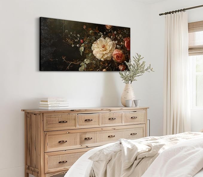 ADJUVANT Wall Art Vintage Peony And Rose Bouquet 48"L x 24"W, White Peony With Pink Roses Canvas Painting Elegant Floral Artwork Prints Botanic Wall Decor for Living Room Bedroom Dining Room Home Office