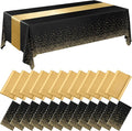 Breling 24 Packs Black and Gold Disposable Plastic Tablecloths and Satin Table Runner Set, 54 x 108 Inch Tablecloth, 12 x 108 Inch Table Runners for Wedding Graduation Birthday Baby Shower