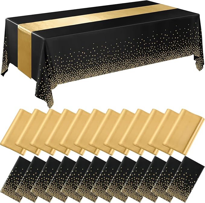 Breling 24 Packs Black and Gold Disposable Plastic Tablecloths and Satin Table Runner Set, 54 x 108 Inch Tablecloth, 12 x 108 Inch Table Runners for Wedding Graduation Birthday Baby Shower