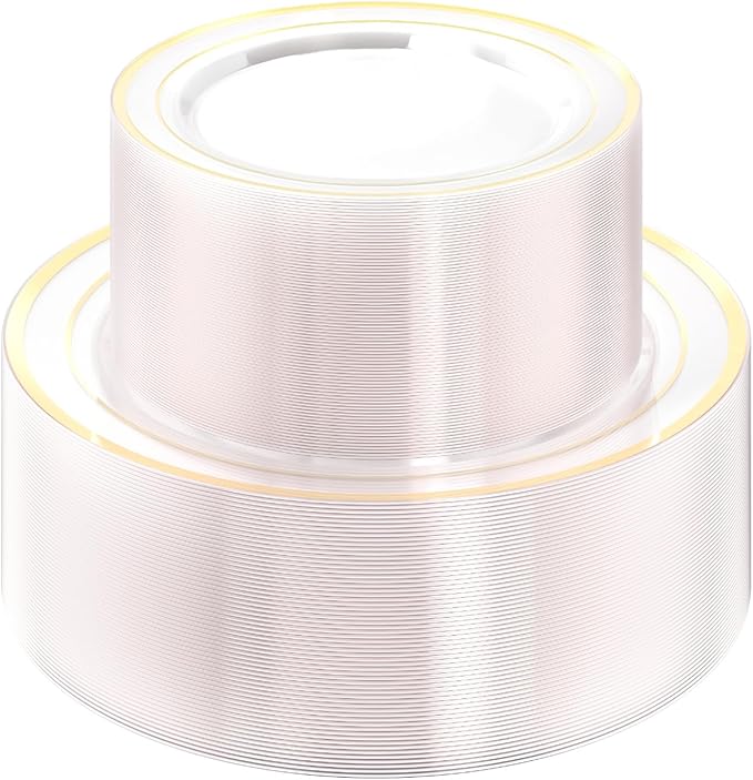 Quatish 120 Pcs Gold Rim Disposable Plastic Plates for Party,Wedding Plate Includes 60 Pes 10.25 Inch 60 Pes 7.5 Inch Heavy Duty Dinner & Dessert Plates, Perfect for Festivals,Picnics,in Clear