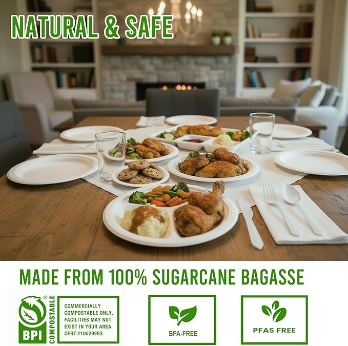 3 Compartment Compostable Heavy Duty Disposable Paper Plates, 75 Count | 10 Inch Round | Natural Bagasse, White Biodegradable Eco-Friendly School Lunch, Buffet, Party Sugarcane Tray