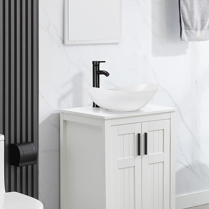eclife Bathroom Ceramic Sink Bowl Classic White Boat Porcelain Vessel Sink and Faucet Combo for Bathroom Countertop Bowl Sink & ORB Pop Up Drain (T44)