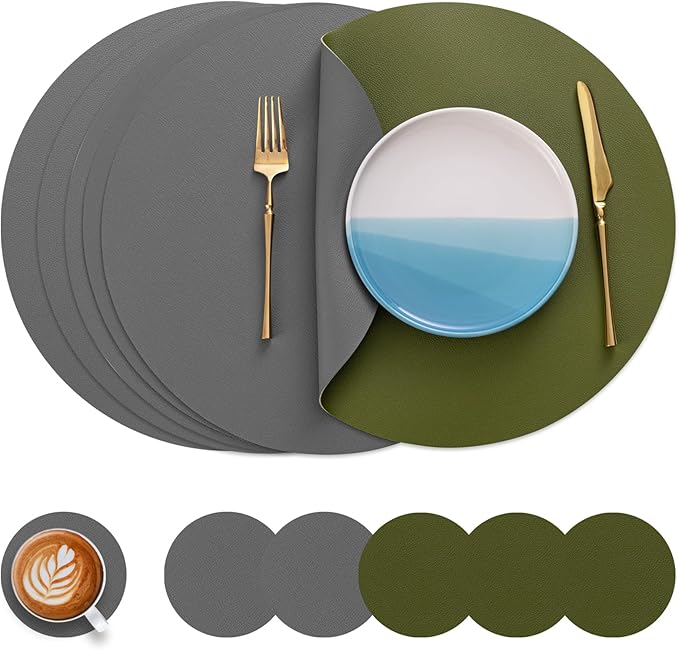 Myir JUN Round Placemats Set of 6 Faux Leather Place Mats and Coasters 15 inch Round Table Mats Dual Sided Non-Slip Stain Resistant Placemats (Gray & Green, Set of 6)