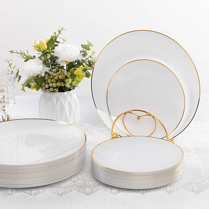 100 PCS Gold and White Plastic Plates, 7 inch White Disposable Plates for Party, Plastic Dessert/Salad Plates