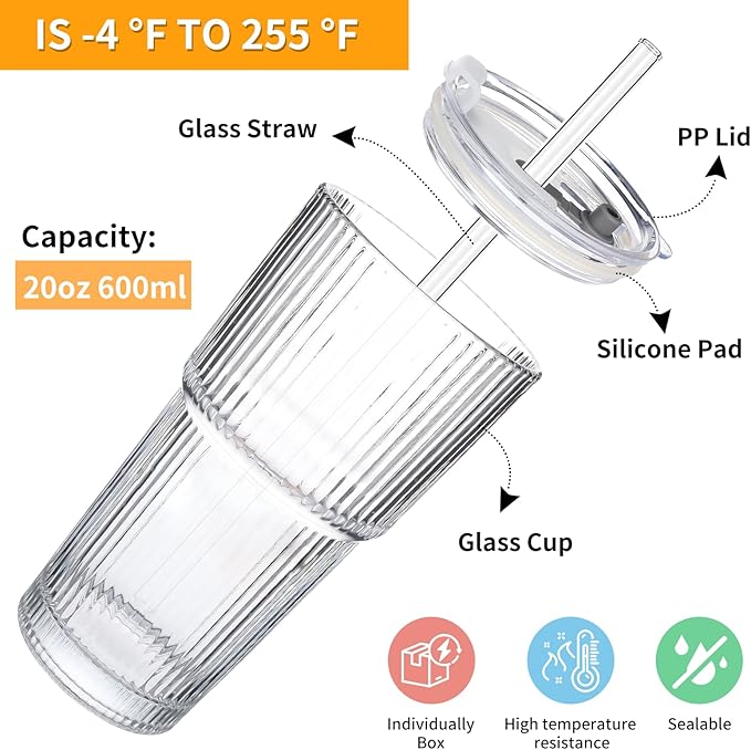 Glass Cups with Lids and Straws - 18oz Glass Tumbler with Straw and Lid, Premium Coffee Cups for Tea, Iced Coffee, Smoothie，Ideal Gift for Home, Office, Coffee Shop, 1pack