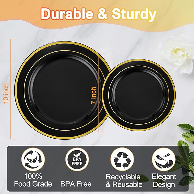 100 PCS Black and Gold Plastic Plates,Disposable Party Black Plates Include 50 10 inch Dinner Plate and 50 7 inch Dessert Plate,Gold Rimmed plates Perfect for Party Holiday,Birthday