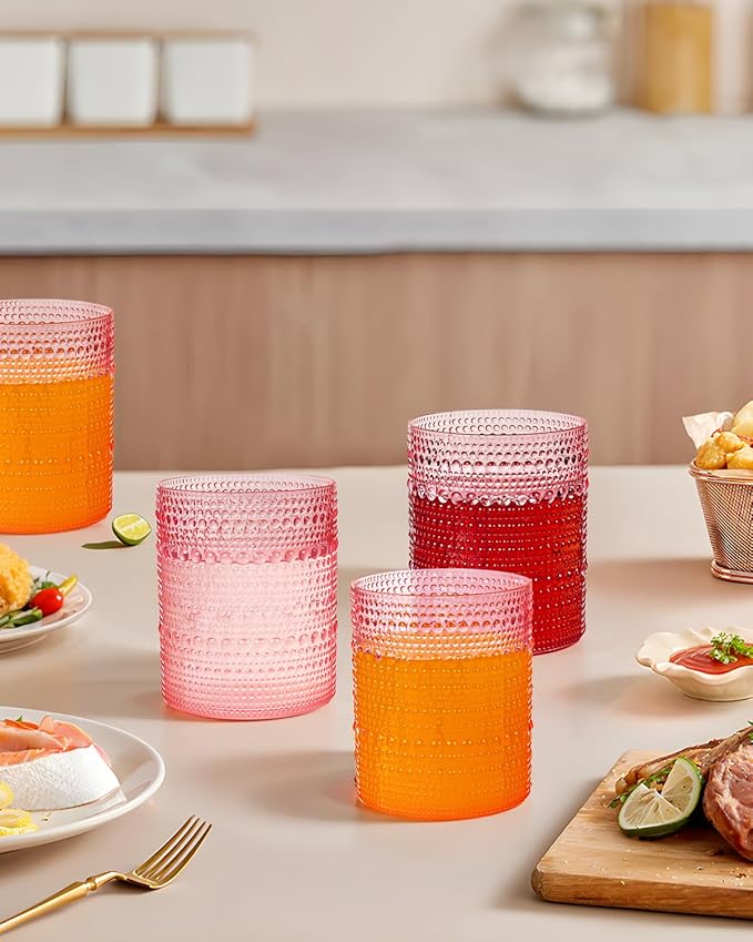 YOUBET 24PCS Plastic Drinking Glasses - 14OZ Pink Hobnail Drinkware Glasses - Vintage Glassware Textured Beaded Cups for Water, Beer, Whiskey, Juice and Various Mixed Drinks Valentines Day