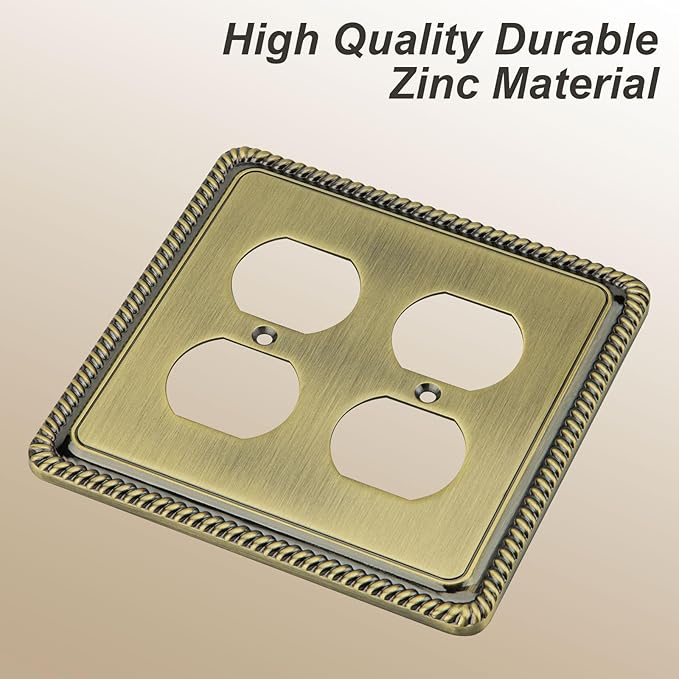Henne Bery Rope Edge Decorative Wall Plate Switch Plate Outlet Cover (Double Duplex, Antique Brass)