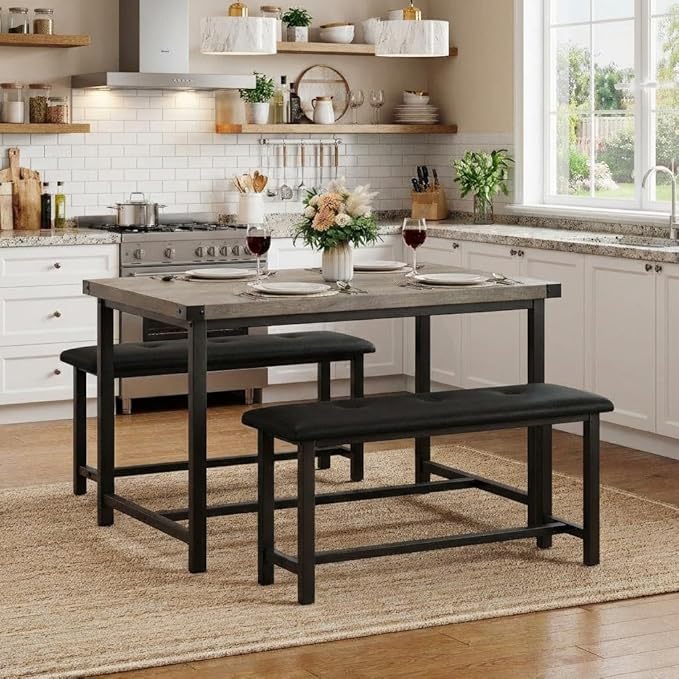 Garvee Dining Table with 2 Benches, Kitchen Table with 2 Upholstered Benches, 3 Piece Dining Table Set Space Saving for Apartment, Kitchen, 44.48" l x 27.58" w x 29.58" h, Grey