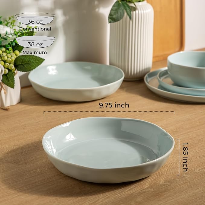 LERATIO 9.75 Ceramic Flat Pasta Bowls,Wavy Rim 38oz Large Wide Bowls Set of 4 for Kitchen,Modern Porcelain Stoneware pasta bowls,Dishwasher & Microwave & Oven Safe Bowls with for Pasta