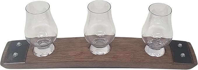 Premium Barrel Stave Whiskey, Scotch, Bourbon - Crystal Glass Flight (Red Mahogany)