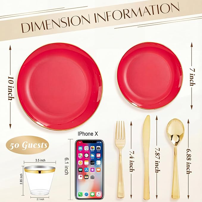WDF 300Pcs Red Disposable Plates - Red Plastic Plates - 50guest Disposable Dinnerware Include 50 Dinner Plate, 50 Dessert Plate, 150 Cutlery & 50 9oz Cups for Valentine's Day & Parties