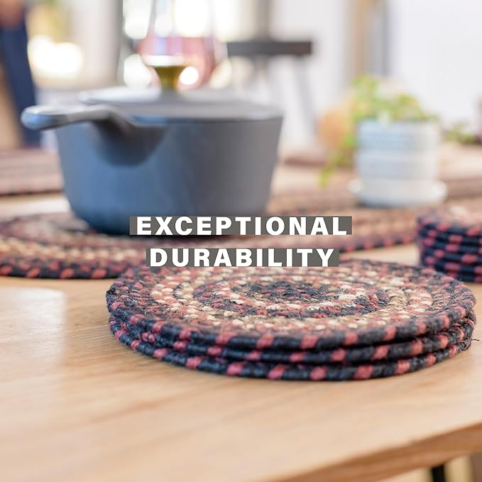 Homespice Prescott Jute Woven Round Placemats Set of 6, 15", Country Primitive Decor, Black and Red Table Mats - Vibrant Colors, Durable, Easy to Clean and Protects Furniture