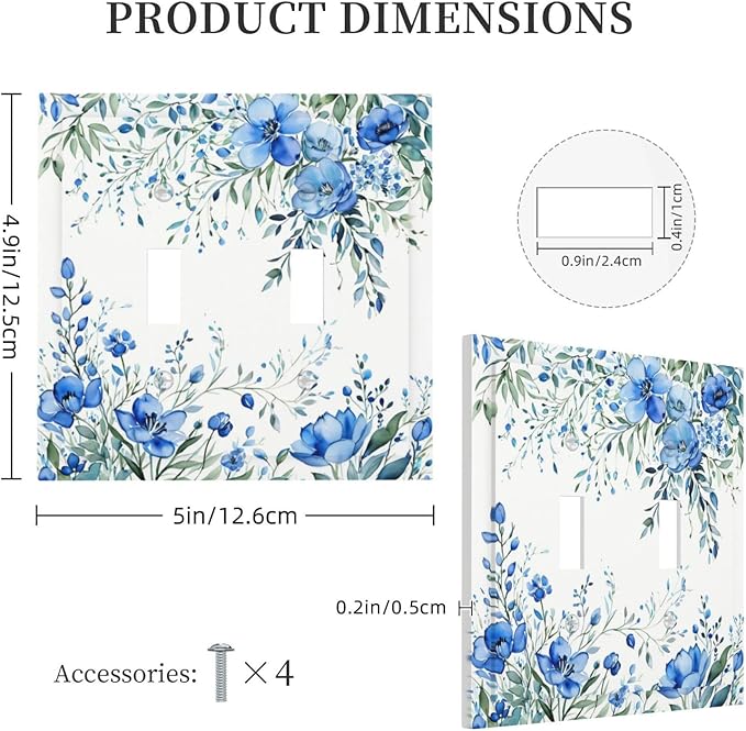 Decorative Light Switch Cover Blue Watercolor Flowers Retro Floral Leaves 2 Gang Wall Plate Double Toggle Switch Plate Receptacle Electrical Outlet Cover Switchplate for Bathroom Bedroom（2 Pack）