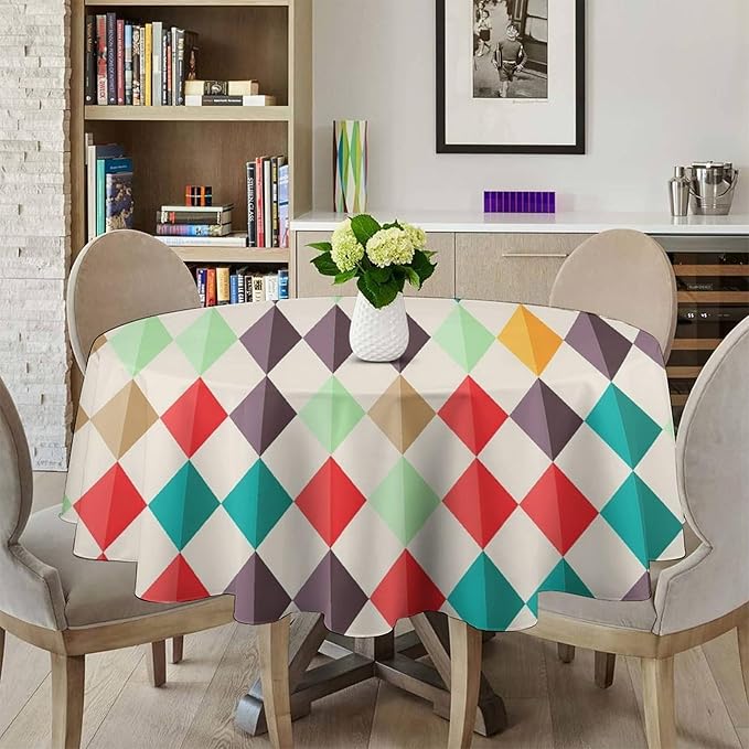 Abstract Geometric Round Tablecloth, Modern Mid Century Background Mid Century Colorful Print Pattern Tablecloth for Home Party Dining Room Kitchen Decor 70Inch(178cm)