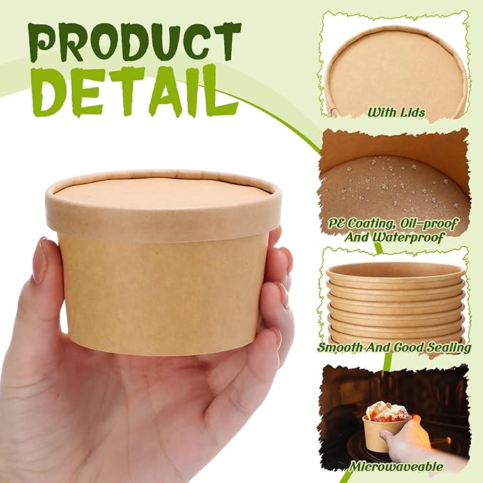 Fulmoon 100 Pack Paper Soup Containers with Lids Disposable Paper Food Containers with Vented Lid Kraft Ice Cream Cake Dessert Cups Soup Bowl for Party Hot Food Fruit Microwave(5 oz,Brown)