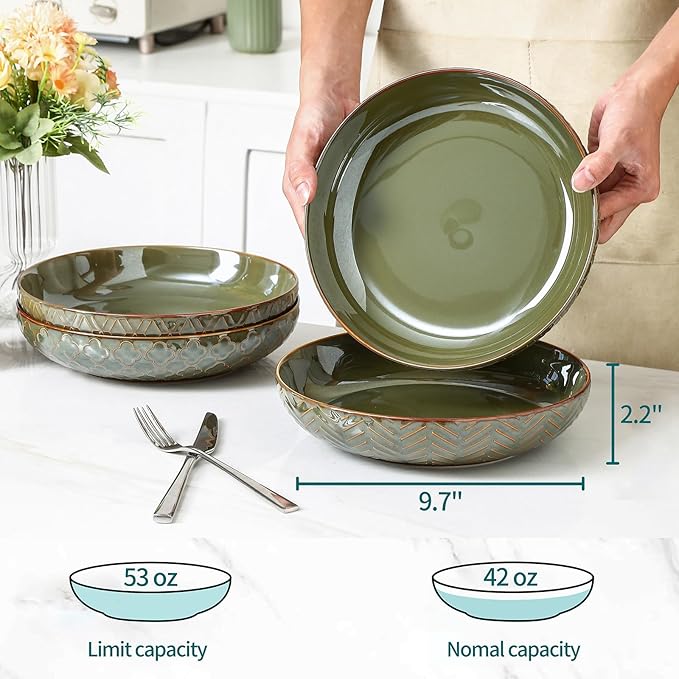 Sureasy 9.7" Pasta Bowls Set of 4-42 oz Large Salad Bowls for Kitchen, Embossed Ceramic Serving Bowls for Fruits, Soup, Pasta and Salad, Microwave & Dishwasher Safe, Green