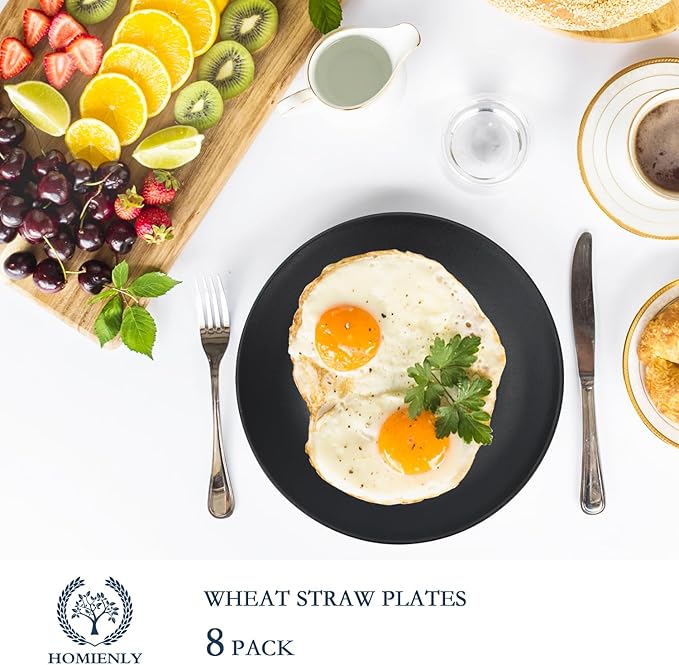 Homienly Dinner Plates Set of 8 Unbreakable Wheat Straw Plates with Textured Design - Microwave & Dishwasher Safe - Perfect for Camping, Kitchen Use - Black, 9 inch