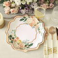 50 Pack 10" White/Rose Gold Floral Print Scallop Rim Dinner Plates, Disposable Round Paper Party Plates 300 GSM for Festive Table Decoration