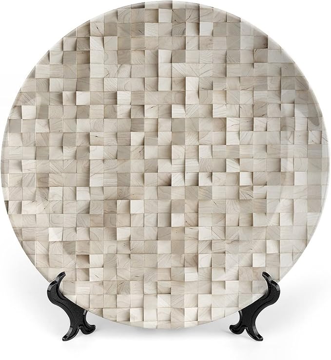 Decorative Plates, Abstract Print Ornament, Wooden Cubes Print, 7 Inch, 1 Plate with 1 Display Stand, Tan