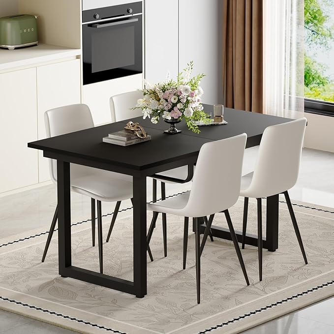 Extendable Dining Table Set for 4, 55"–71" Modern Black Kitchen Table with 4 Upholstered Chairs, Space-Saving for Living Room Apartment, Sturdy & Comfortable, Easy Assembly