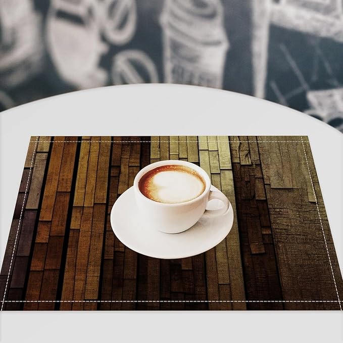 Retro Plank Placemat Set, Rural Old Shabby Brown Beige Farmhouse Barn Wooden Board Pattern Home Decor Linen Table Mats for Dining Room Kitchen Party (17x12in) x6P