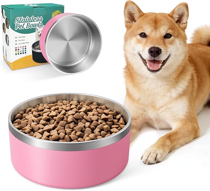 IKITCHEN Dog Bowl for Food and Water, 40 Oz Stainless Steel Pet Feeding Bowl, Durable Non-Skid Double Wall Insulated Heavy Duty with Rubber Bottom for Medium Large Dogs (40 Ounces/5 Cup, Pink)