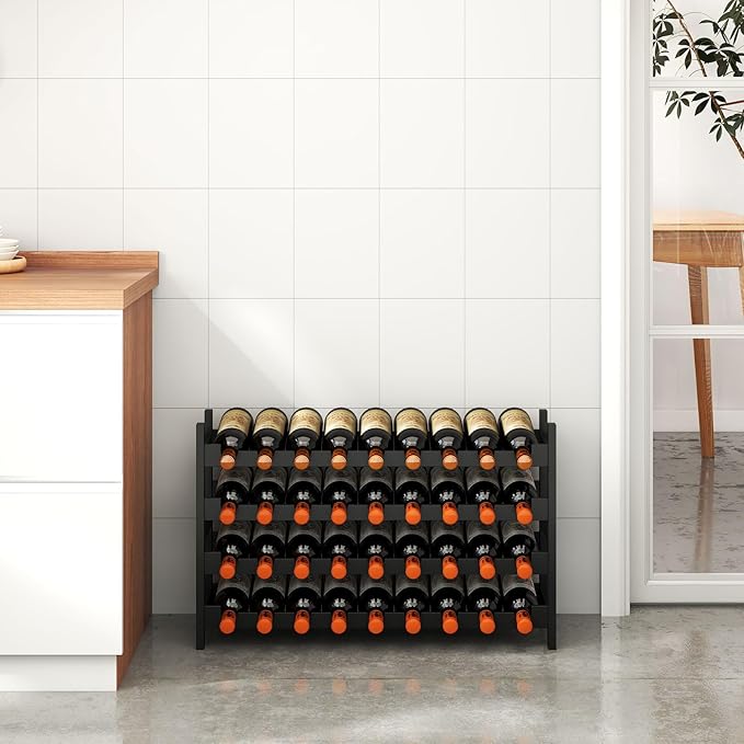 Wine Rack Freestanding Floor, Bamboo 4-Tier 33 Wine Bottle Holder Racks Countertop Cabinet Display, Wooden Stackable Modular Wine Storage Organizer Shelves for Kitchen Bar Cellar Dining Room Black